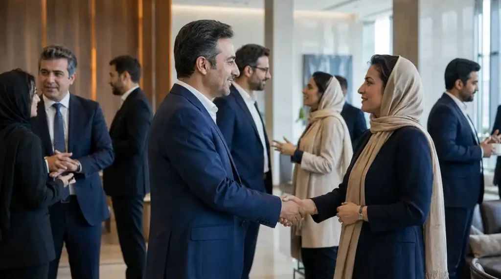 مدیران و صاحبان کسب‌وکار در حال گفت‌وگوی حرفه‌ای و ایجاد ارتباط کاری در یک رویداد شبکه‌سازی